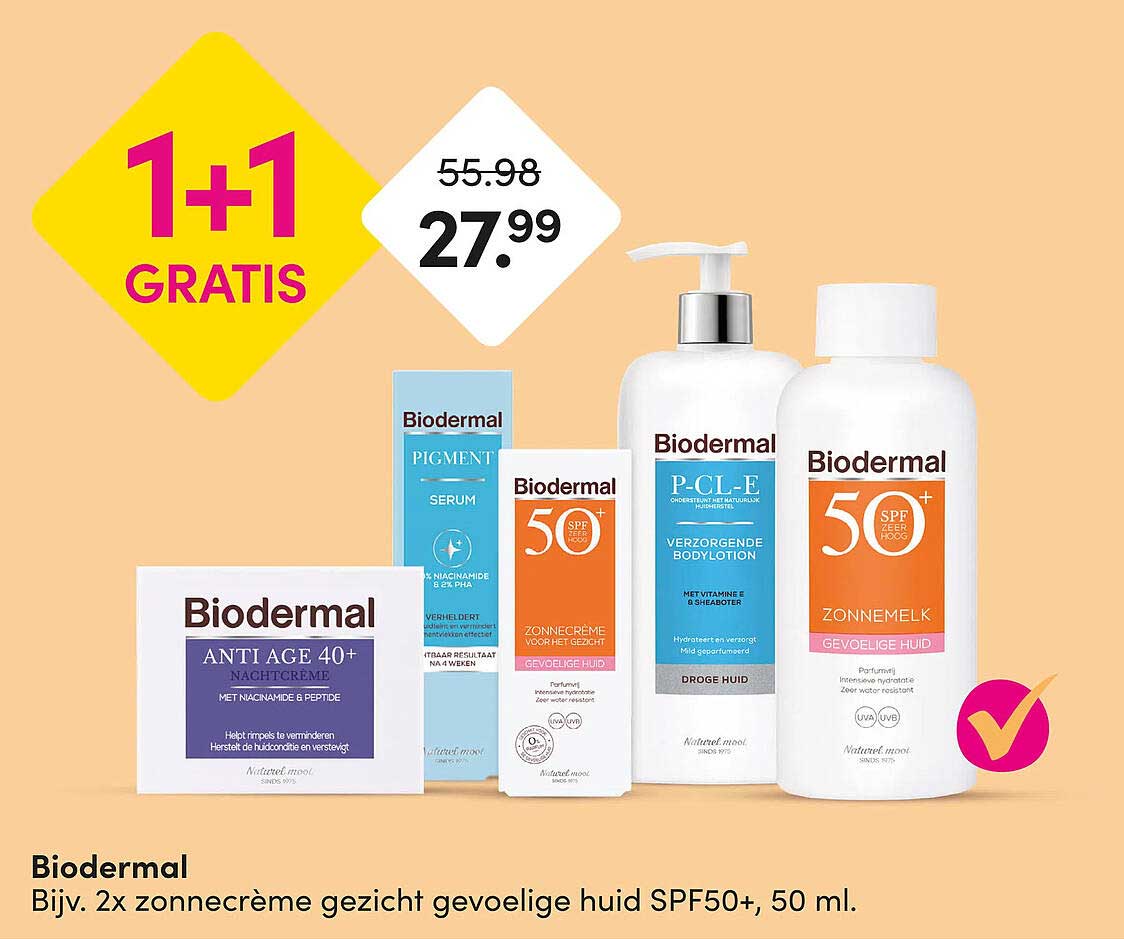Biodermal Bijv. 2x zonnecrème gezicht gevoelige huid SPF50+, 50 ml. 1+1 GRATIS