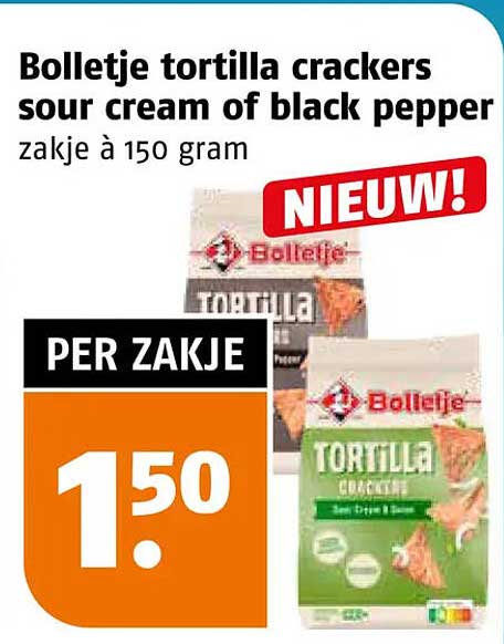 Bolletje tortilla crackers sour cream of black pepper zakje à 150 gram NIEUW!