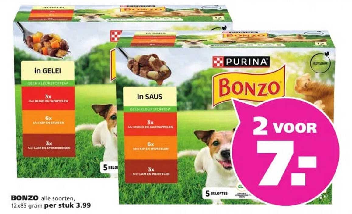 Bonzo alle soorten, 12x85 gram per stuk 3.99 2 voor 7,-