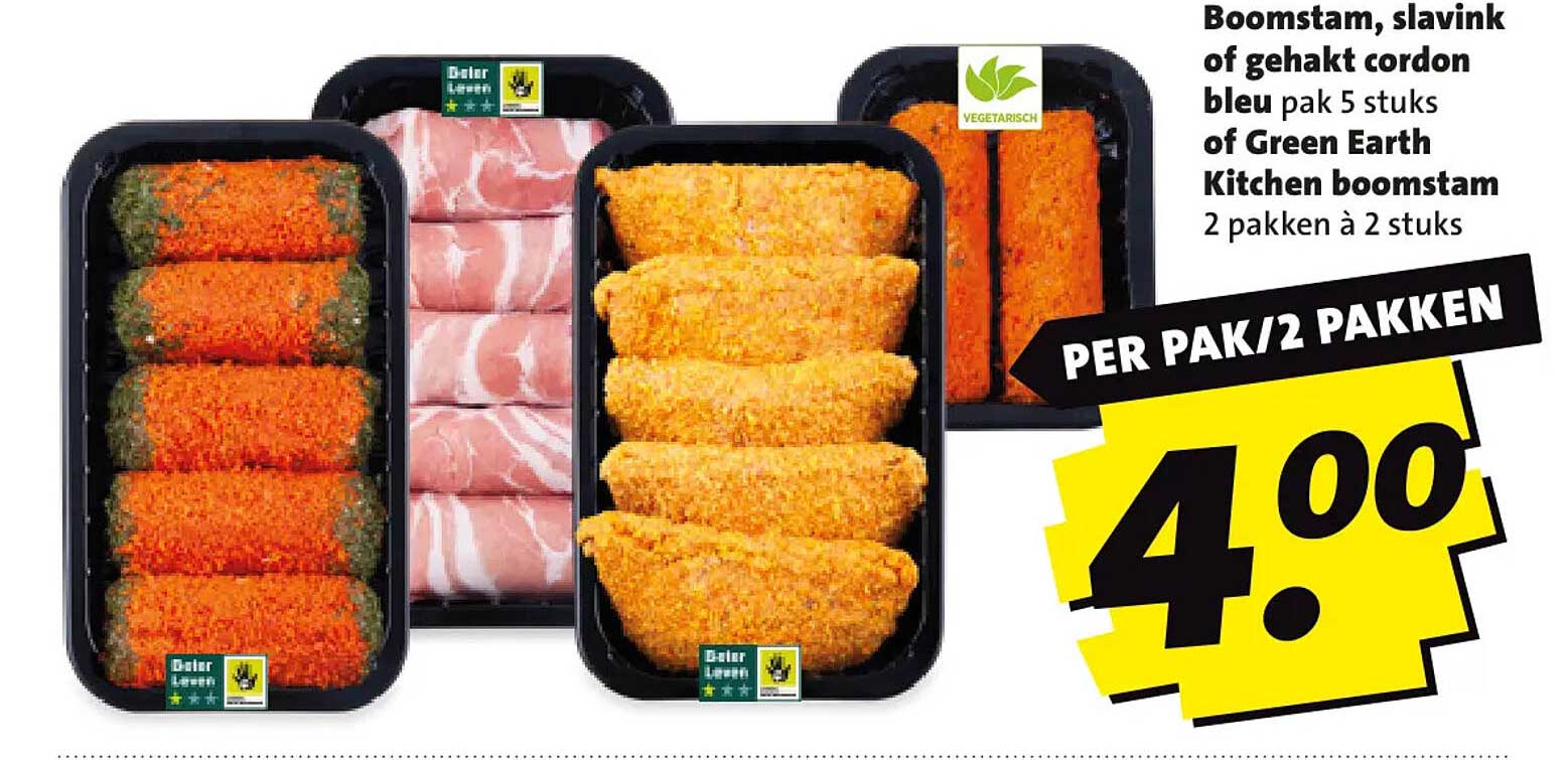 Boomstam, slavink of gehakt cordon bleu pak 5 stuks of Green Earth Kitchen boomstam 2 pakken à 2 stuks PER PAK/2 PAKKEN
