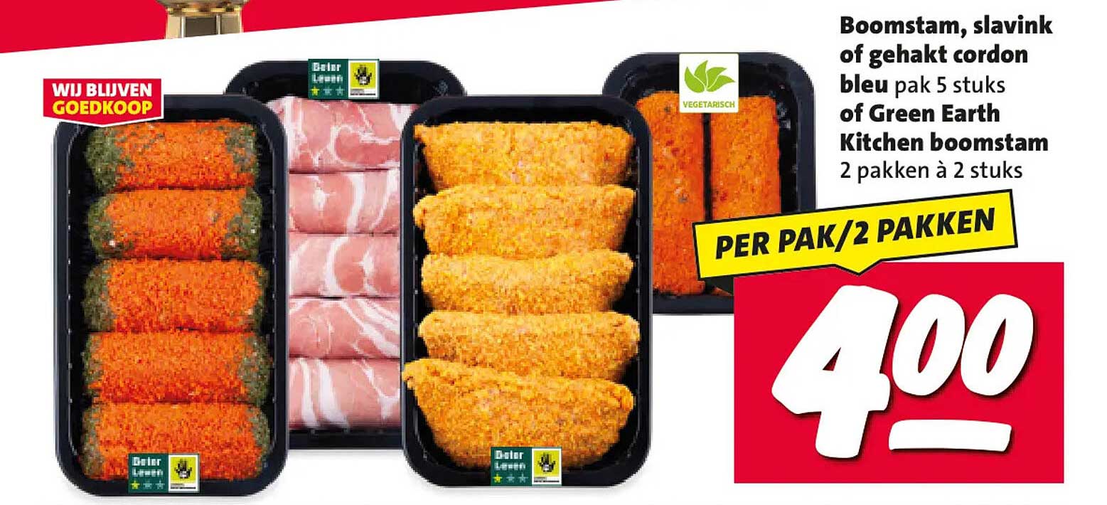Boomstam, slavink of gehakt cordon bleu pak 5 stuks of Green Earth Kitchen boomstam 2 pakken à 2 stuks PER PAK/2 PAKKEN