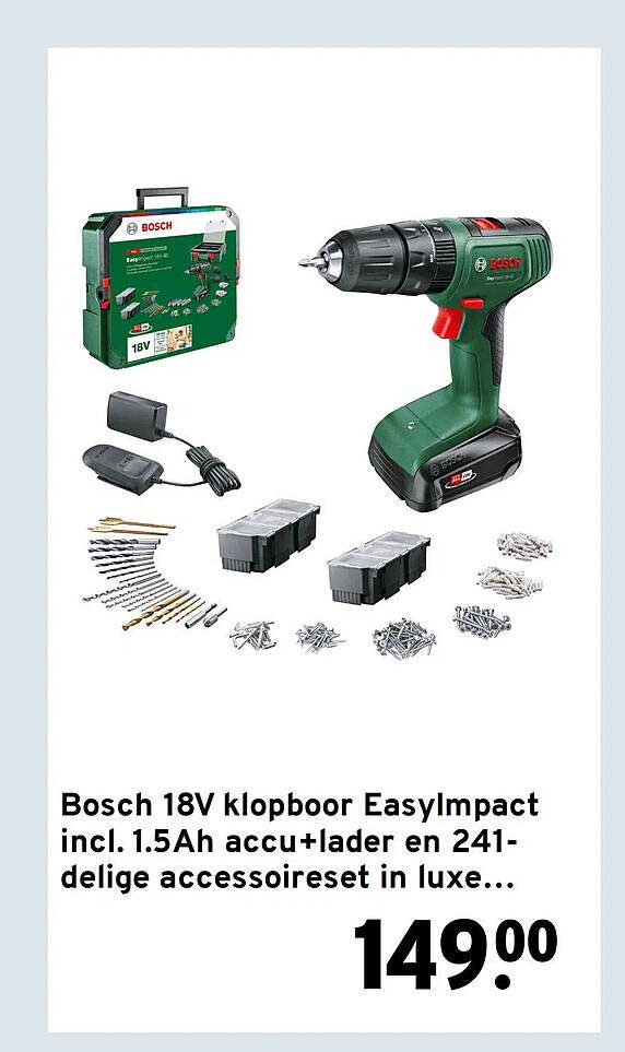 Bosch 18V klopboor Easylmpact incl. 1.5Ah accu+lader en 241-delige accessoireset in luxe...