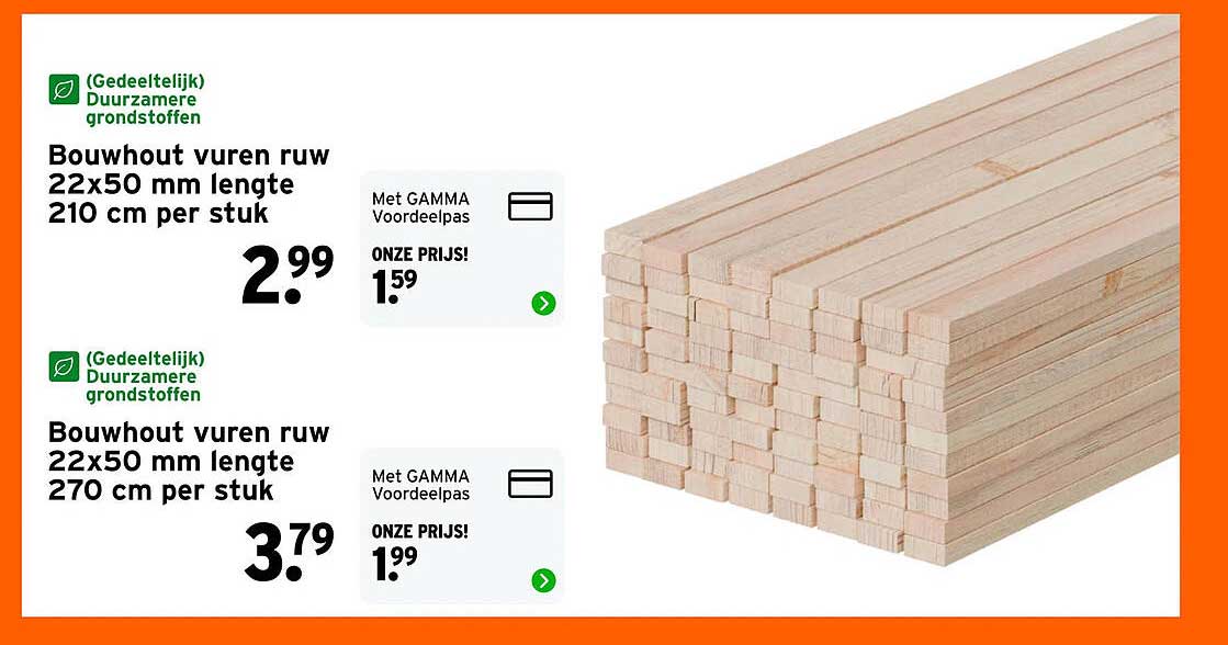 Bouwhout vuren ruw 22x50 mm lengte 210 cm per stuk
