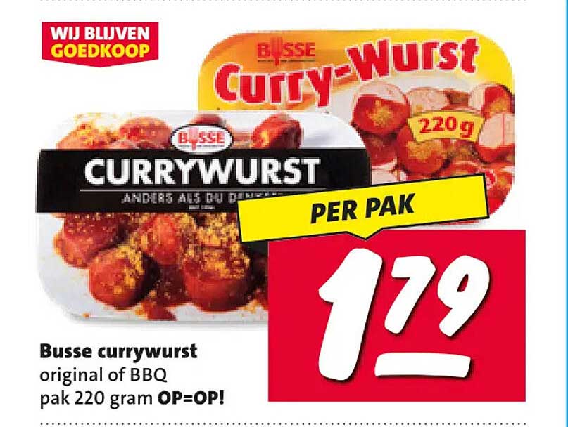 Busse currywurst original of BBQ pak 220 gram OP=OP! PER PAK