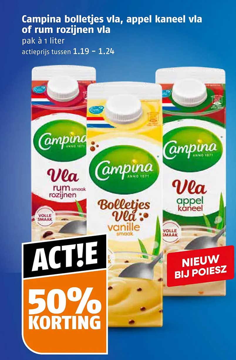 Campina bolletjes vla, appel kaneel vla of rum rozijnen vla pak à 1 liter