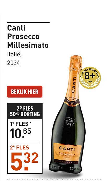 Canti Prosecco Millesimato Italië, 2024 2e FLES 50% KORTING