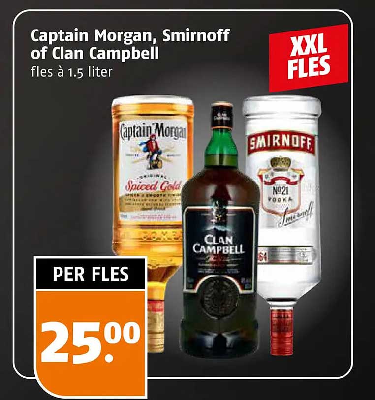 Captain Morgan, Smirnoff of Clan Campbell fles à 1.5 liter XXL FLES