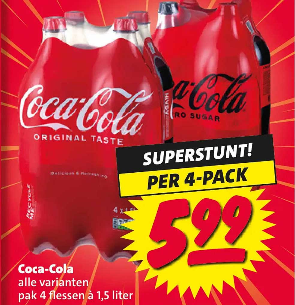 Coca-Cola alle varianten pak 4 flessen à 1,5 liter SUPERSTUNT! PER 4-PACK