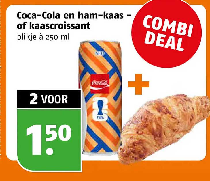 Coca-Cola en ham-kaas - of kaascroissant blikje à 250 ml COMBI DEAL