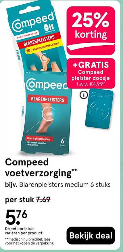 Compeed voetverzorging** bijv. Blarenpleisters medium 6 stuks 25% korting +GRATIS Compeed pleister doosje t.w.v. €4,99