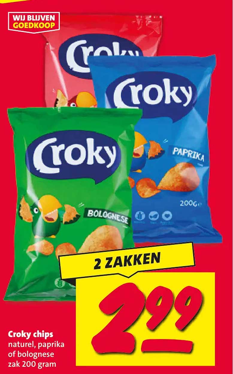 Croky chips naturel, paprika of bolognese zak 200 gram 2 zakken