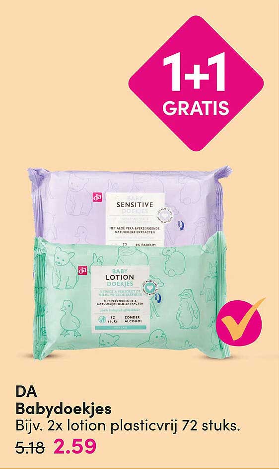 DA Babydoekjes Bijv. 2x lotion plasticvrij 72 stuks 1+1 gratis