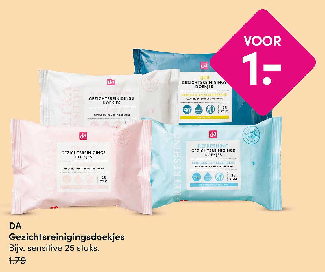 DA Gezichtsreinigingsdoekjes Bijv. sensitive 25 stuks. VOOR 1.-