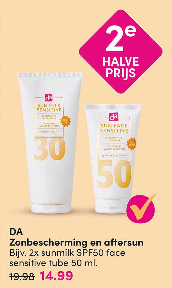 DA Zonbescherming en aftersun Bijv. 2x sunmilk SPF50 face sensitive tube 50 ml. 2e halve prijs
