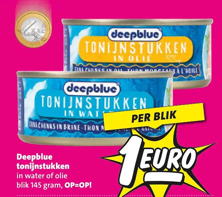 Deepblue tonijnstukken in water of olie blik 145 gram, OP=OP! PER BLIK