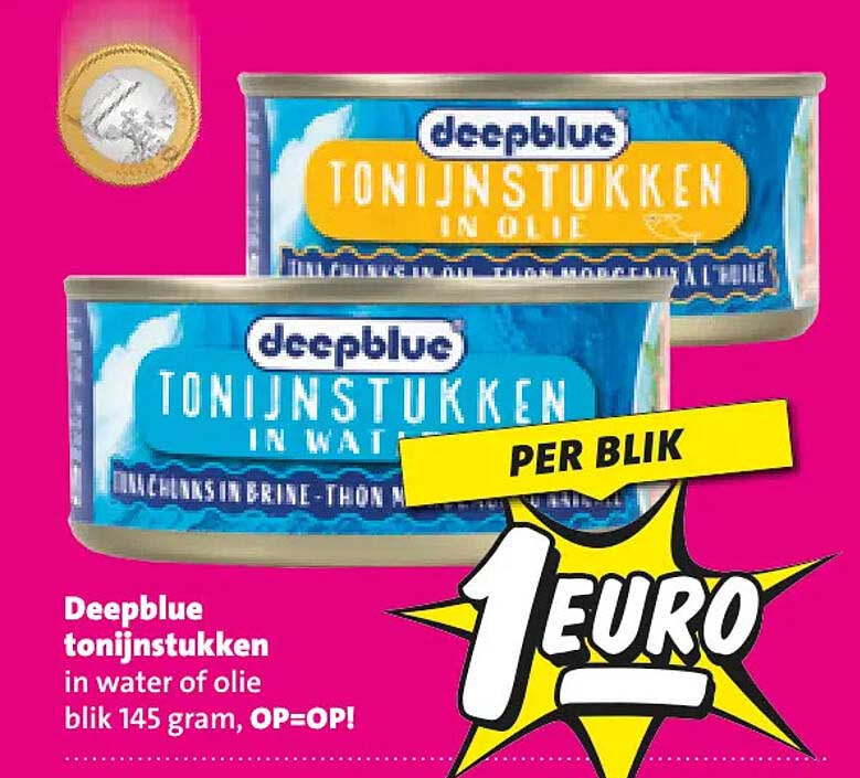 Deepblue tonijnstukken in water of olie blik 145 gram, OP=OP! PER BLIK