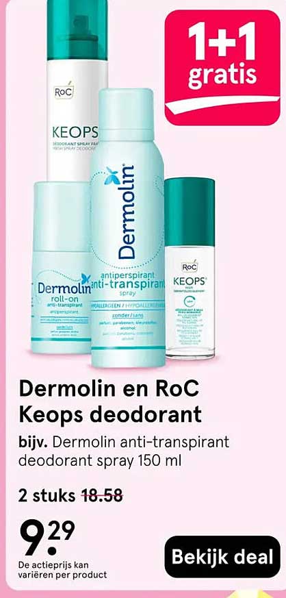 Dermolin en RoC Keops deodorant 1+1 gratis