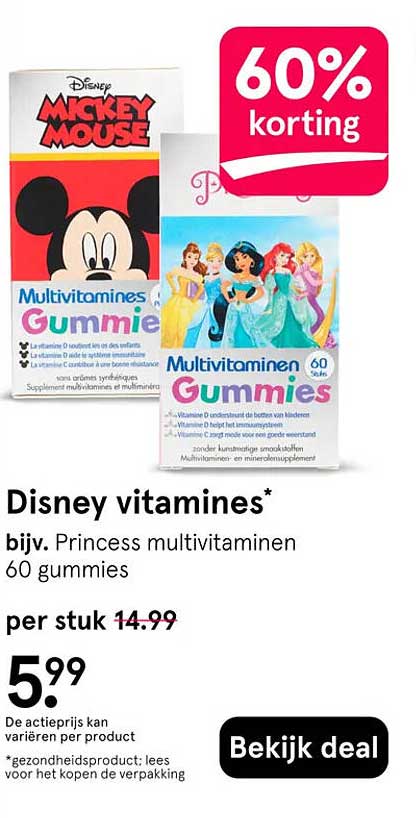 Disney vitamines* bijv. Princess multivitaminen 60 gummies 60% korting
