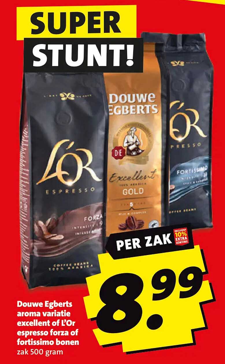 Douwe Egberts aroma variatie excellent of L’OR espresso forza of fortissimo bonen zak 500 gram