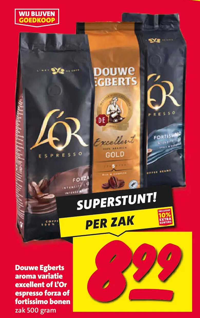 Douwe Egberts aroma variatie excellent of L’Or espresso forza of fortissimo bonen zak 500 gram