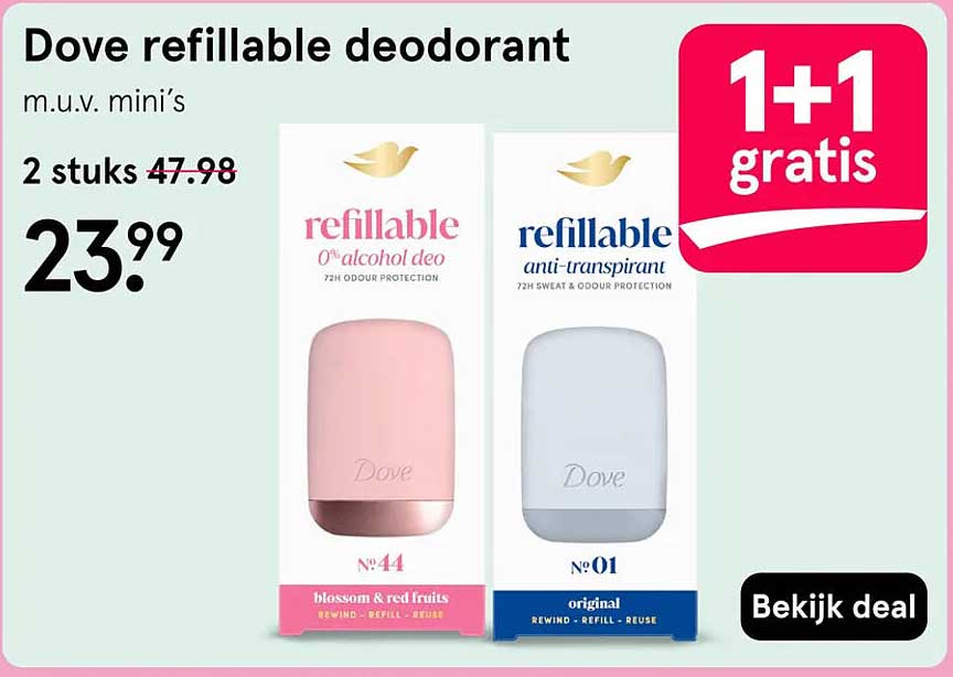 Dove refillable deodorant m.u.v. mini's 1+1 gratis