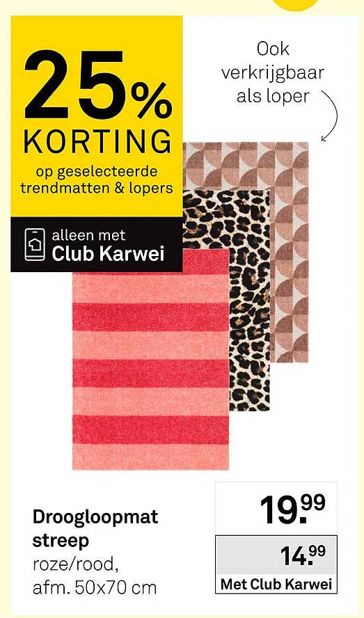 Droogloopmat streep roze/rood, afm. 50x70 cm