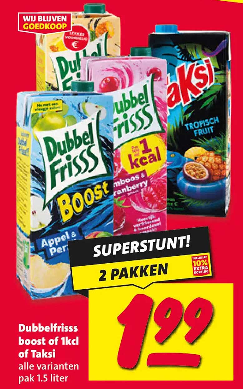 DubbelFrisss boost of 1kcl of Taksi alle varianten pak 1.5 liter 2 PAKKEN