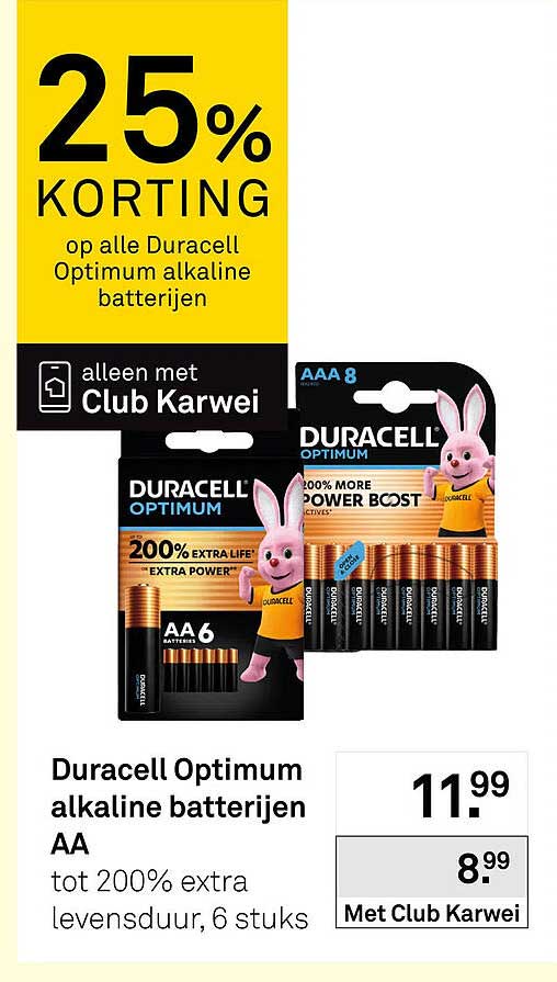 Duracell Optimum alkaline batterijen AA tot 200% extra levensduur, 6 stuks 25% KORTING
