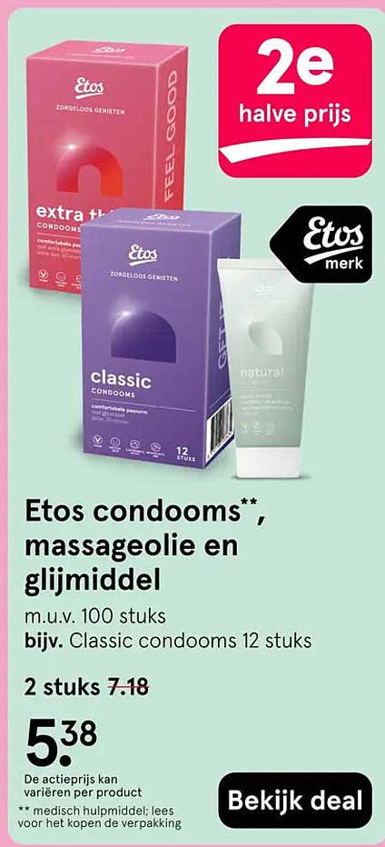 Etos condooms, massageolie en glijmiddel 2e halve prijs