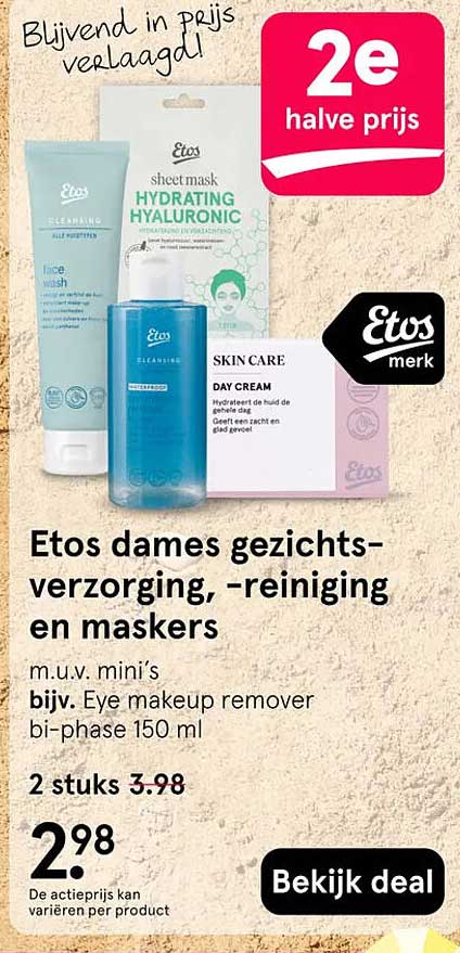 Etos dames gezichtsverzorging, -reiniging en maskers 2e halve prijs