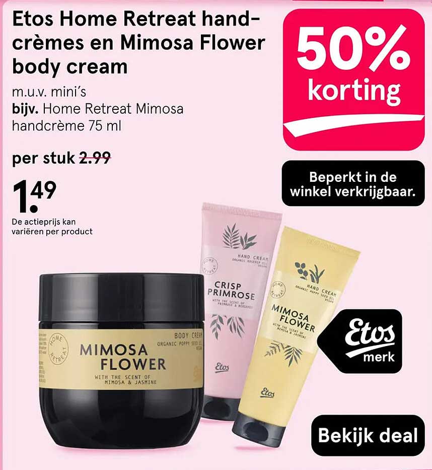 Etos Home Retreat hand-crèmes en Mimosa Flower body cream 50% korting