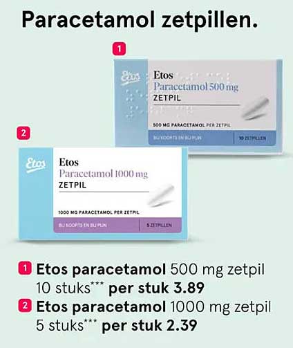 Etos paracetamol 500 mg zetpil 10 stuks*** per stuk 3.89