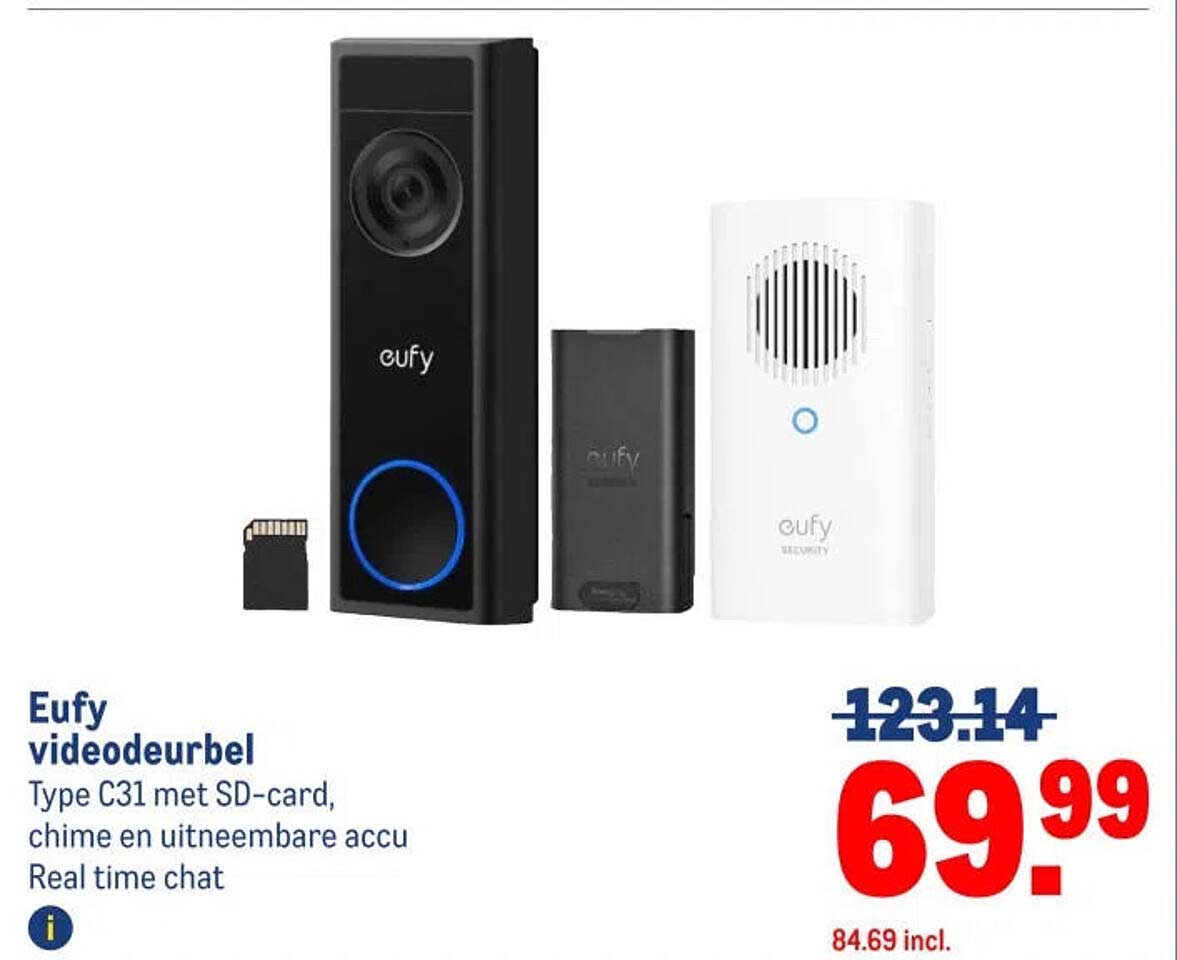 Eufy videodeurbel Type C31 met SD-card, chime en uitneembare accu Real time chat
