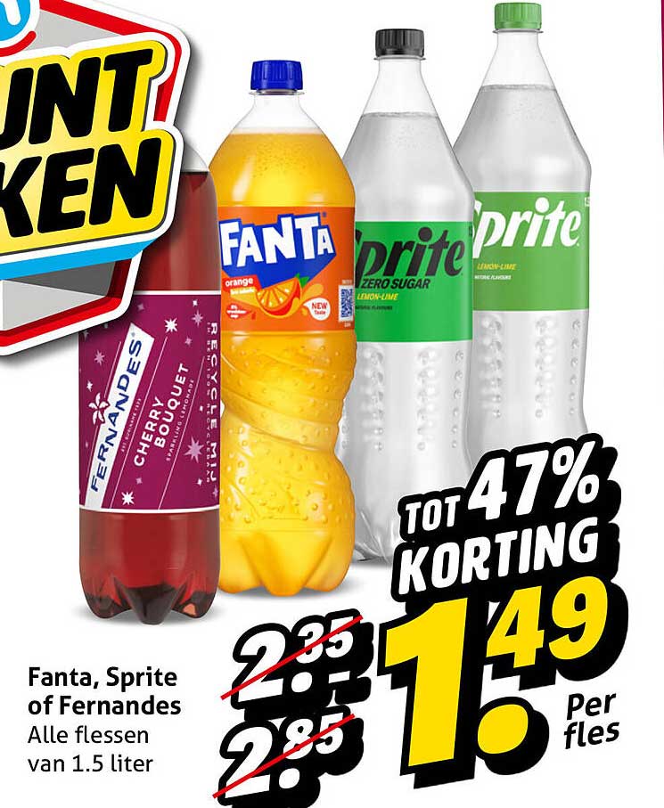 Fanta, Sprite of Fernandes Alle flessen van 1.5 liter TOT 47% KORTING