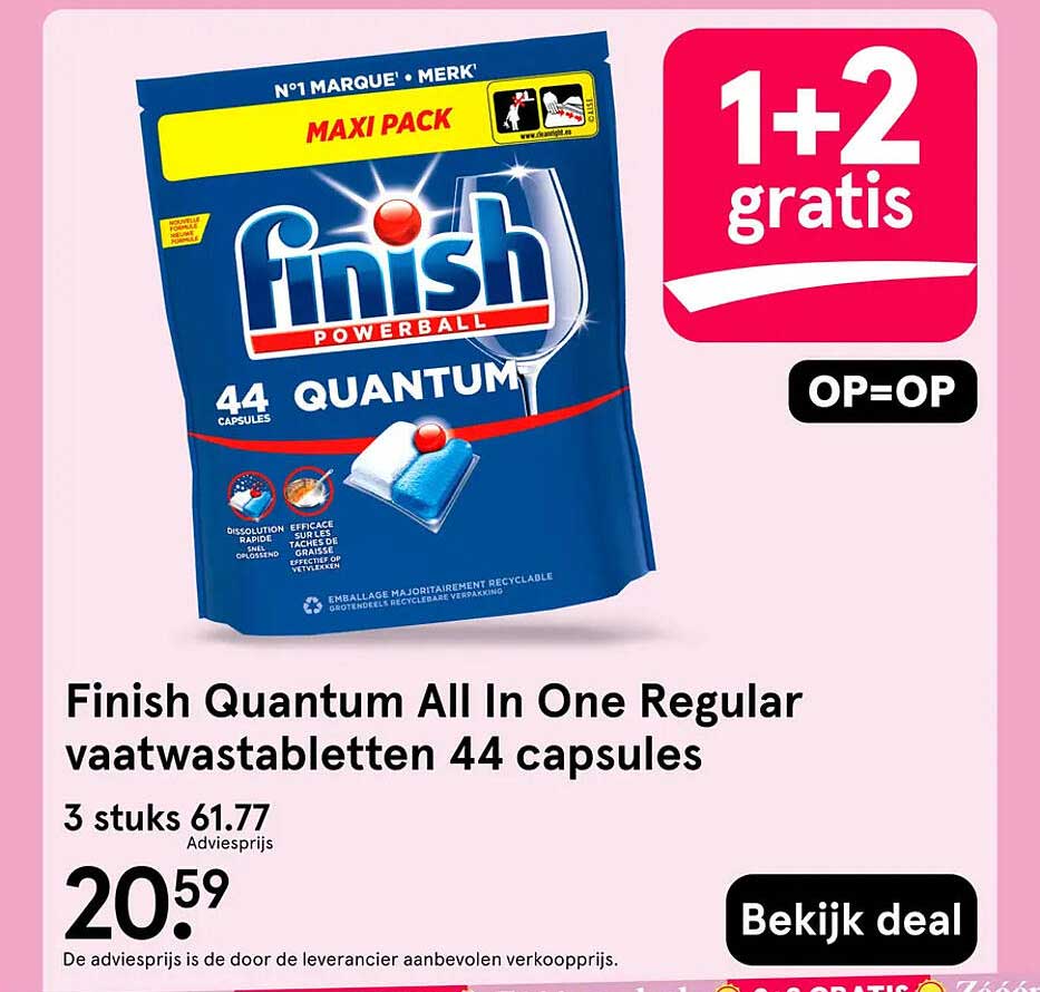 Finish Quantum All In One Regular vaatwastabletten 44 capsules 1+2 gratis OP=OP