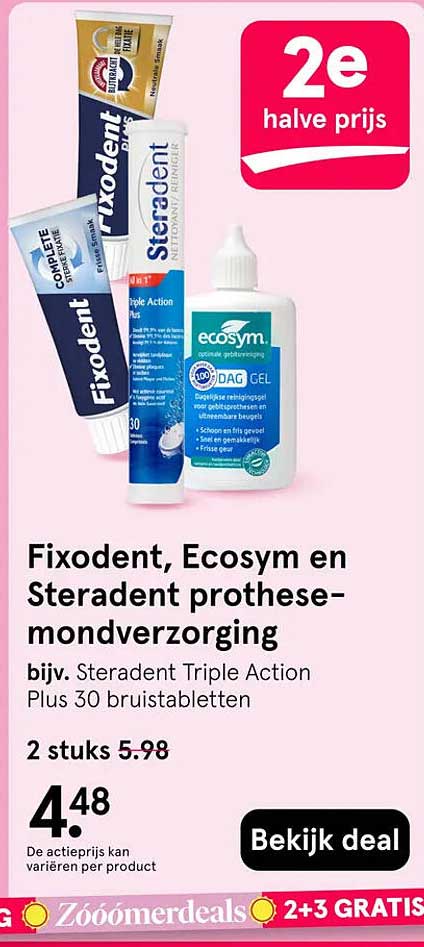 Fixodent, Ecosym en Steradent prothese-mondverzorging 2e halve prijs