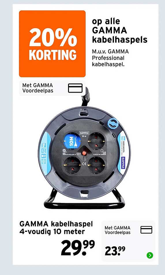 GAMMA kabelhaspel 4-voudig 10 meter 20% korting op alle GAMMA kabelhaspels