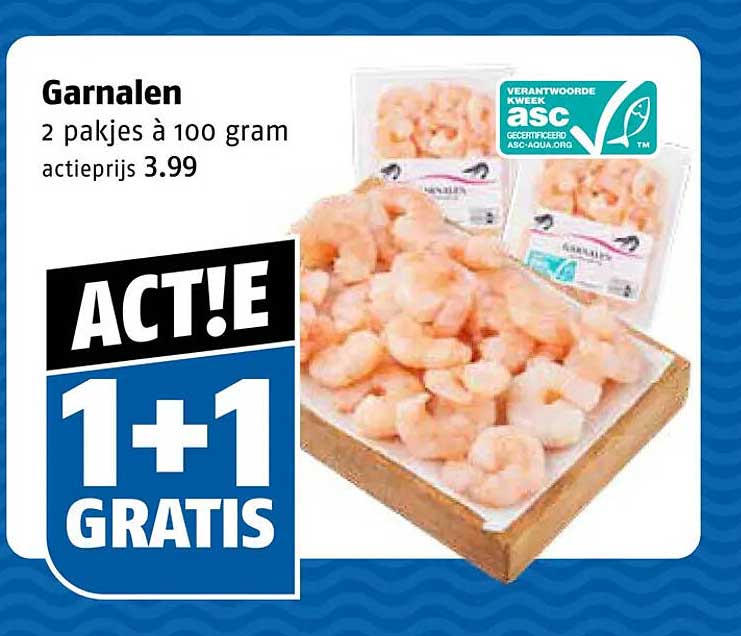 Garnalen 2 pakjes à 100 gram actieprijs 3.99 1+1 gratis