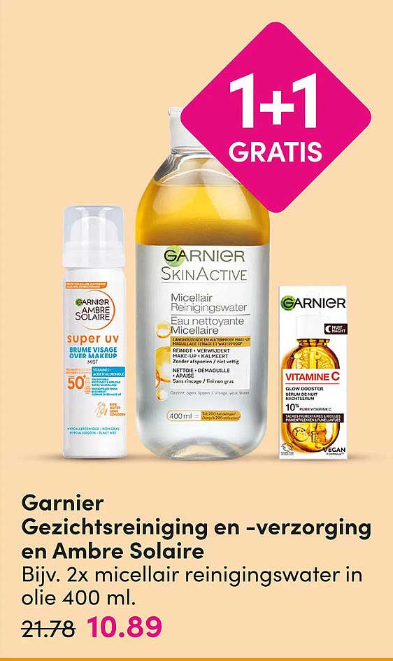 Garnier Gezichtsreiniging en -verzorging en Ambre Solaire 1+1 GRATIS