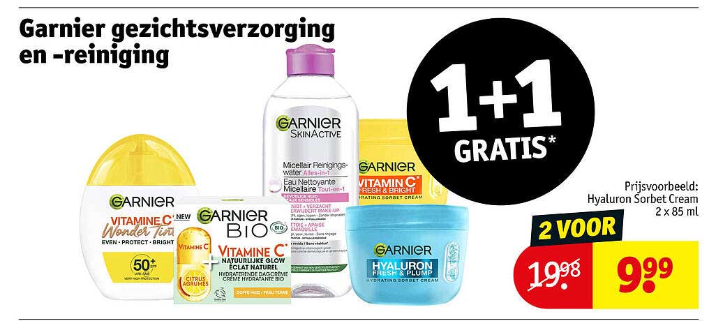 Garnier gezichtsverzorging en -reiniging 1+1 gratis