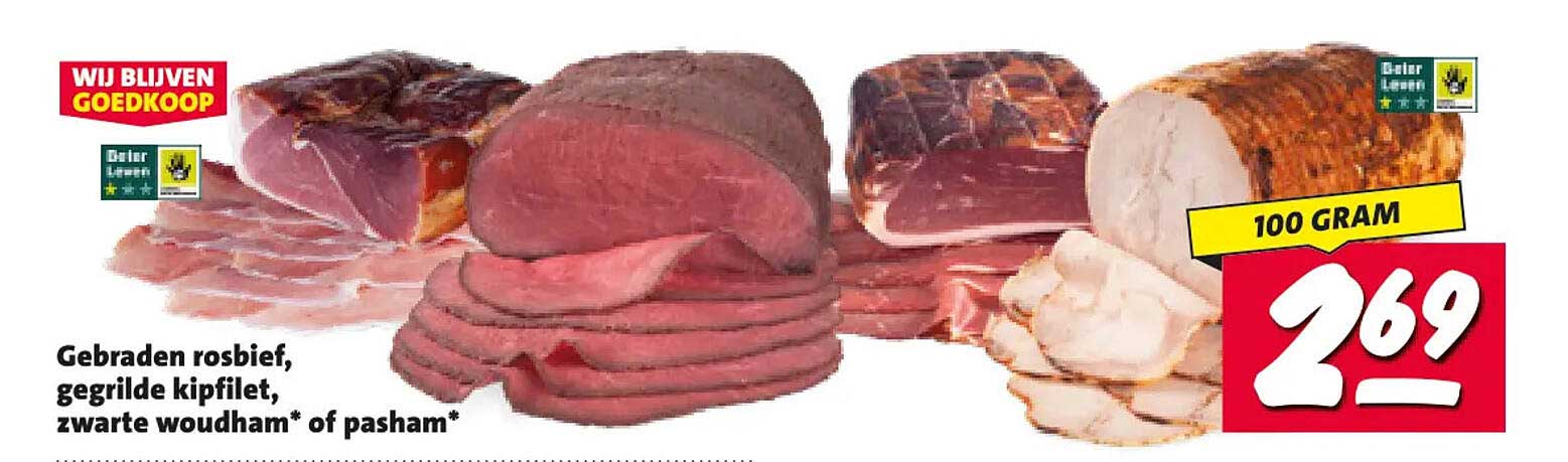 Gebraden rosbief, gegrilde kipfilet, zwarte woudham* of pasham*