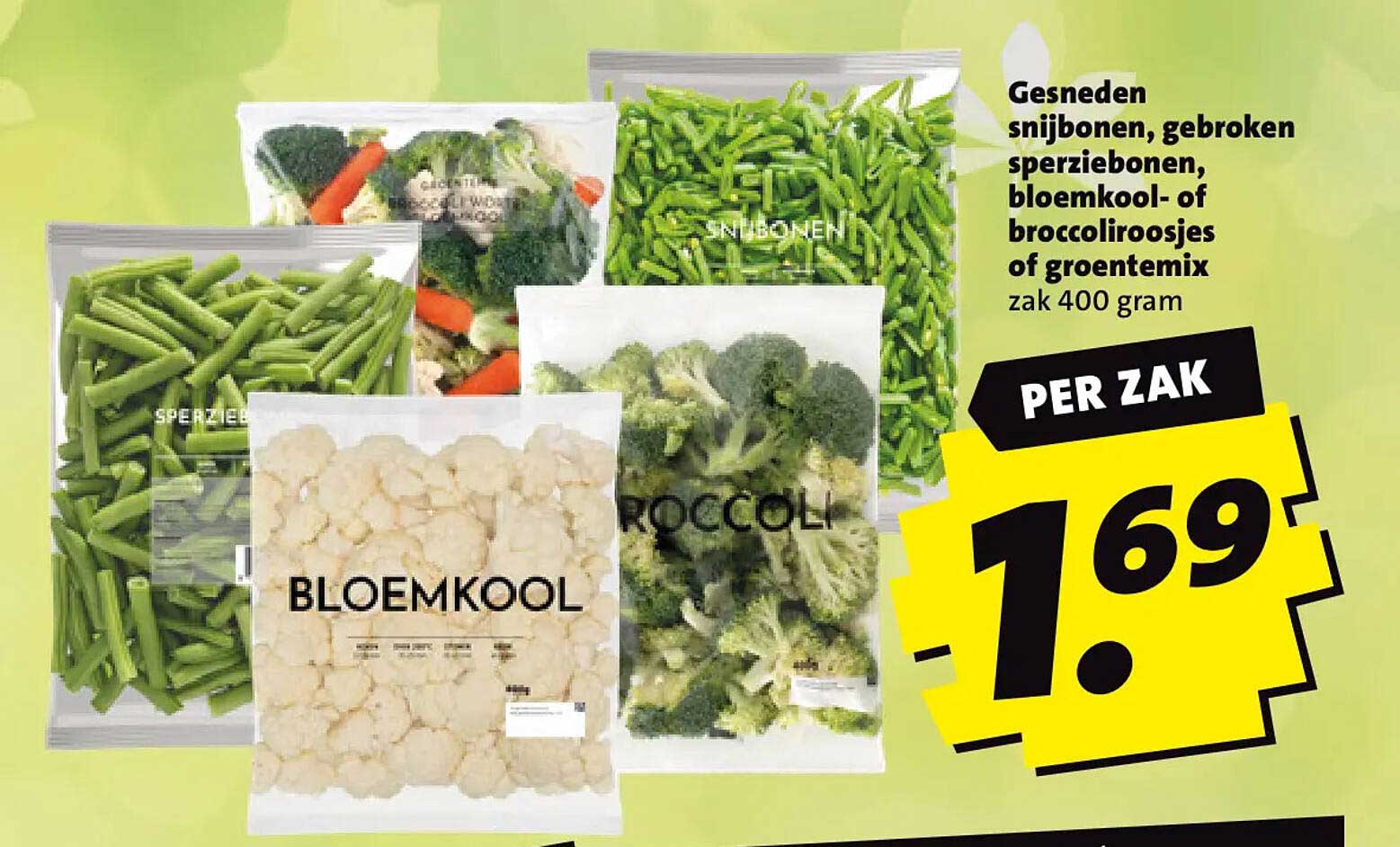 Gesneden snijbonen, gebroken sperziebonen, bloemkool- of broccoliroosjes of groentemix zak 400 gram