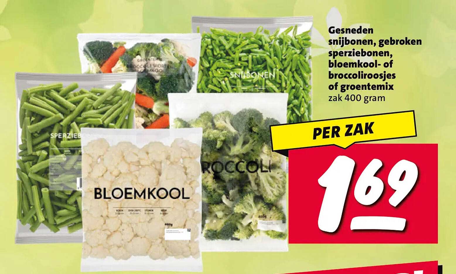 Gesneden snijbonen, gebroken sperziebonen, bloemkool- of broccoliroosjes of groentemix zak 400 gram