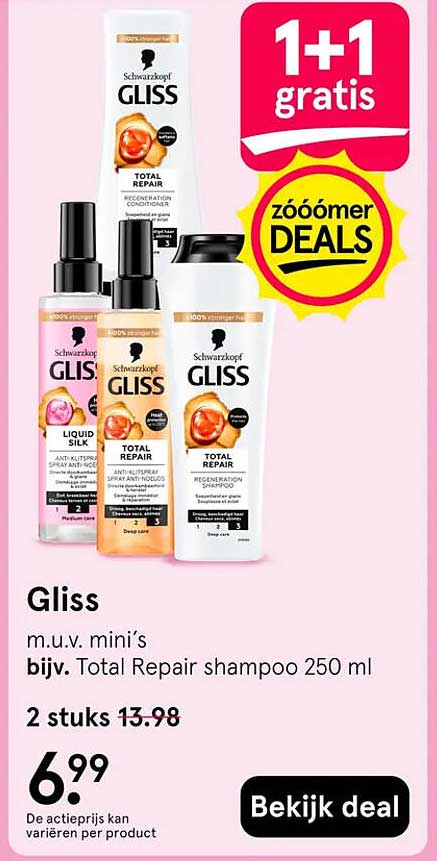 Gliss m.u.v. mini’s, bijv. Total Repair shampoo 250 ml 1+1 gratis