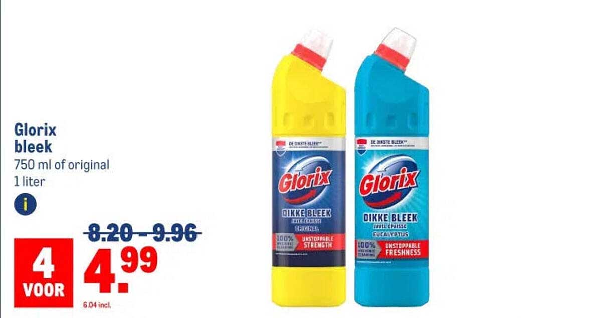 Glorix bleek 750 ml of original 1 liter 4 voor