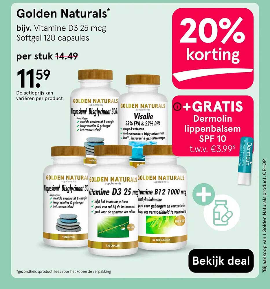 Golden Naturals* bijv. Vitamine D3 25 mcg Softgel 120 capsules 20% korting
