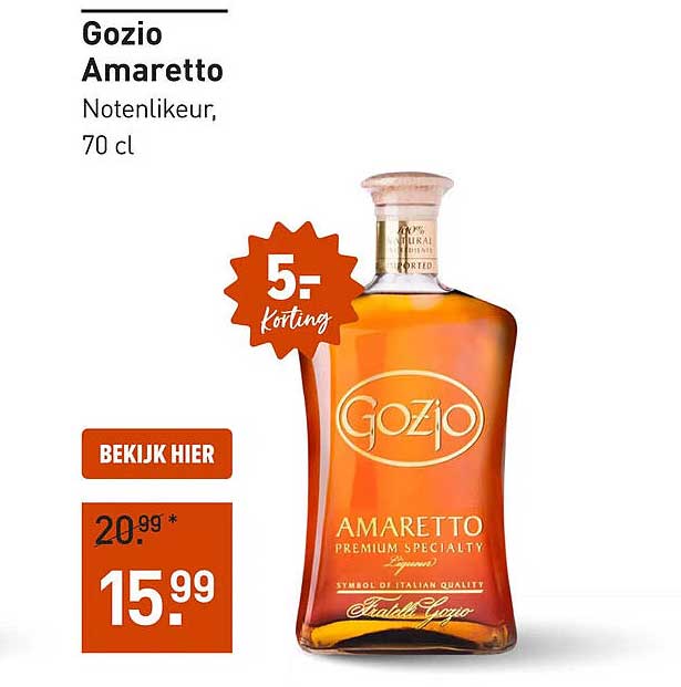 Gozio Amaretto Notenlikeur 70 cl 5,- korting