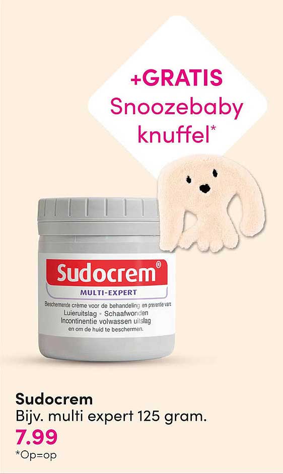 +GRATIS Snoozebaby knuffel* Sudocrem Bijv. multi expert 125 gram.