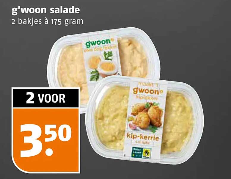 g'woon salade 2 bakjes à 175 gram 2 voor 3.50