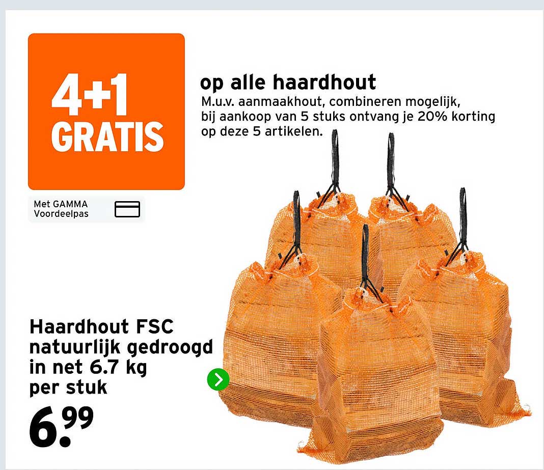 Haardhout FSC natuurlijk gedroogd in net 6.7 kg per stuk 4+1 GRATIS